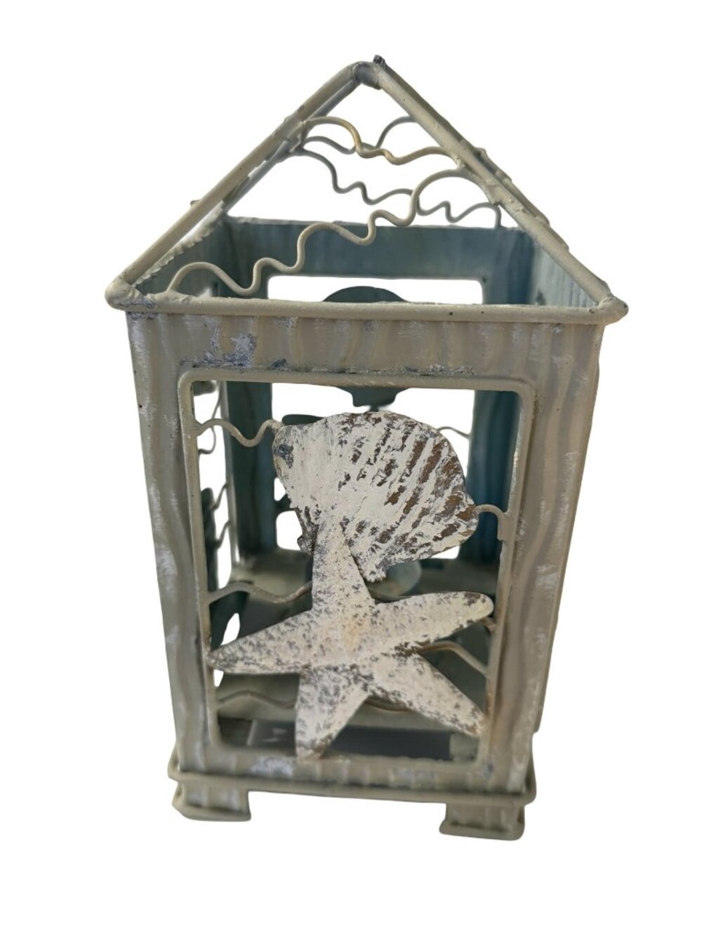 Vintage Coastal Metal Candle Lantern Pelican Starfish Seashell Nautical Beach De